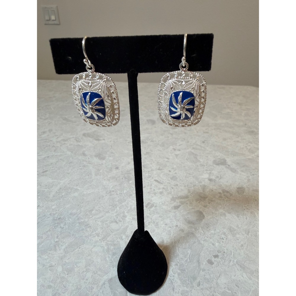 Vintage Style Silver Tone Filigree Blue Enamel Starburst Drop Earrings